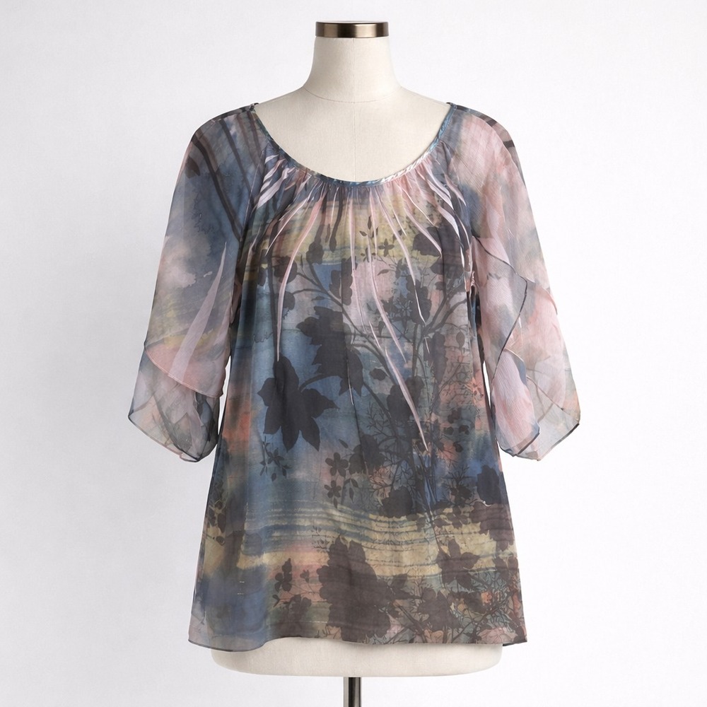B.L.E.U. Blouse Womens XL Pink Multicolor Flowy Boho Fairy‎ Grunge Y2K Festival